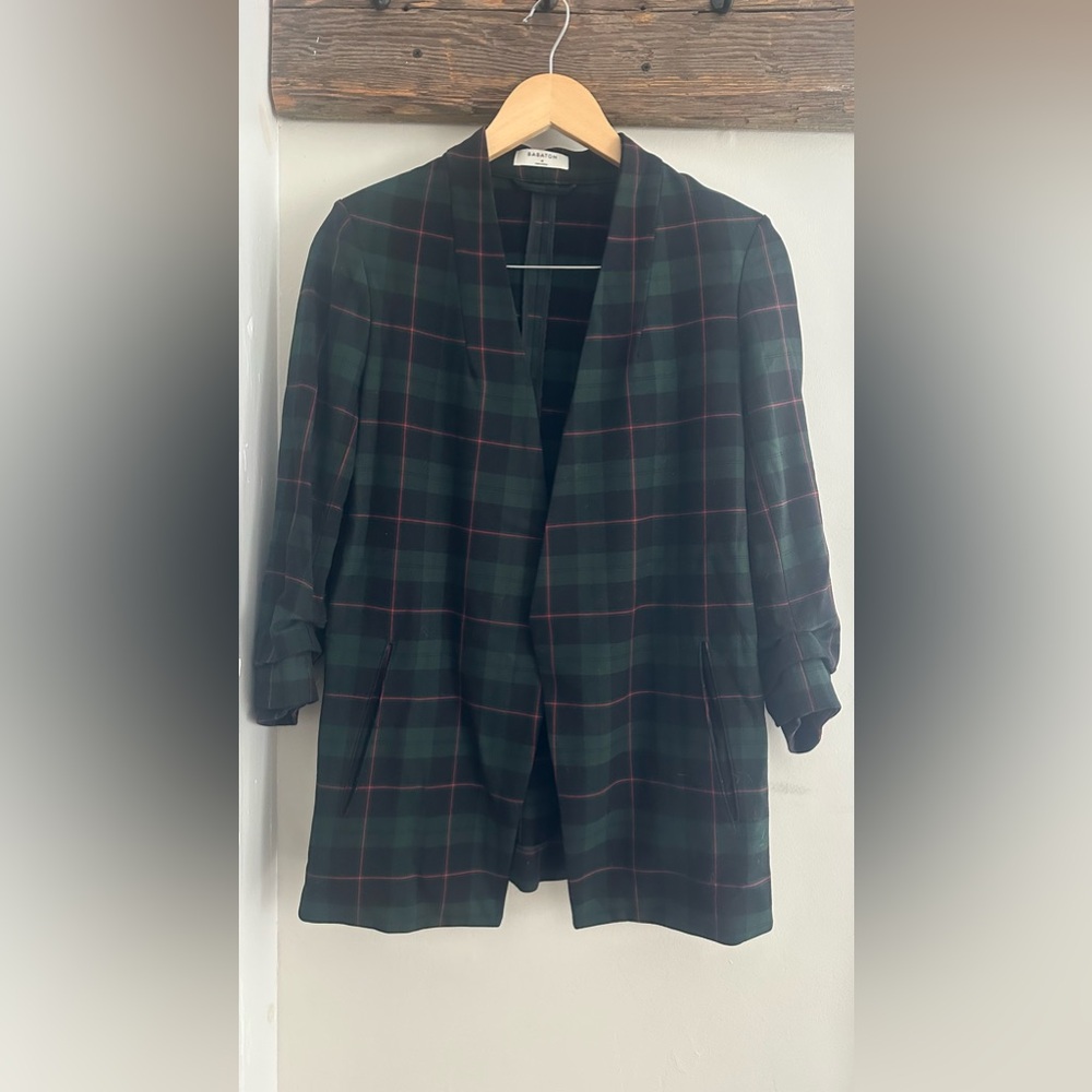 Aritzia Babaton Green and Black Plaid Power Blazer